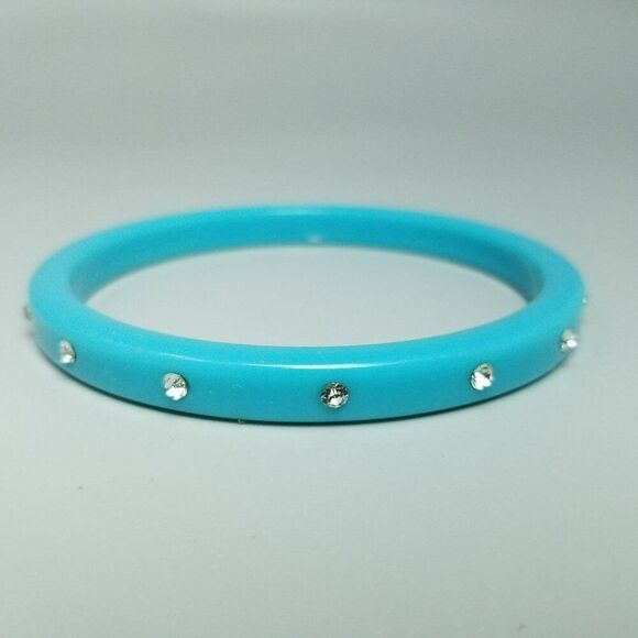 Vintage Blue Plastic Bangle Bracelet With Rhinestones, Retro Stacking Estate - Picture 2 of 6